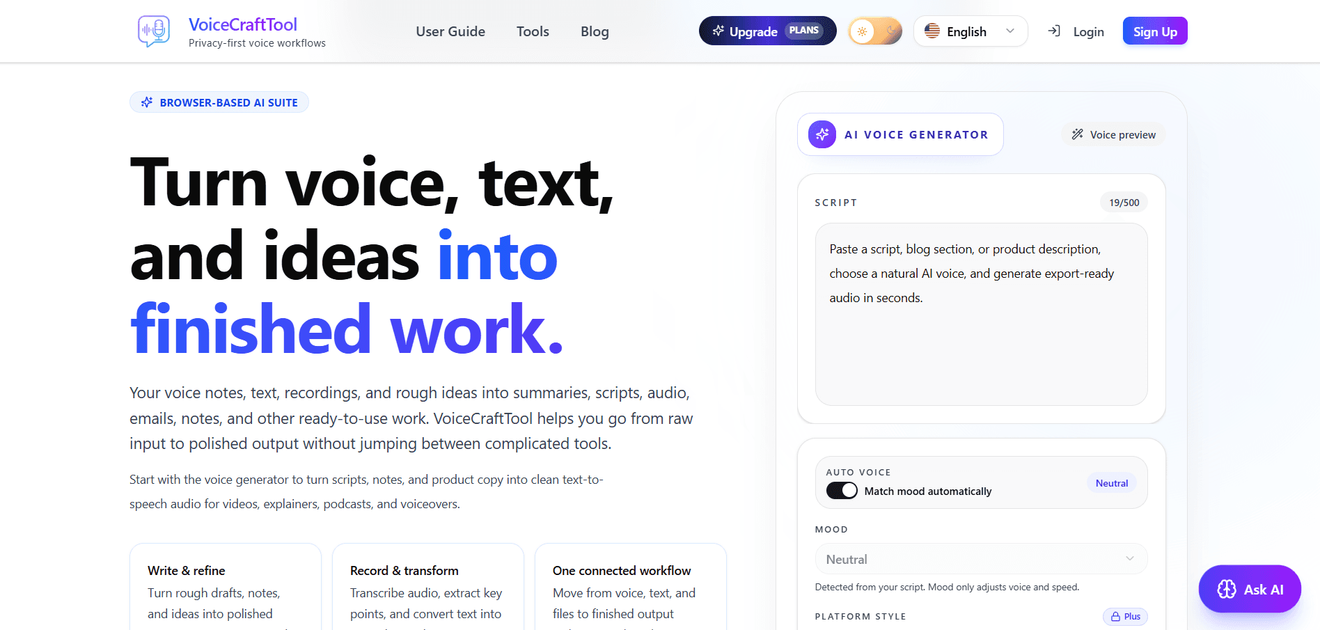 VoiceCraftTool homepage with AI voice generator and connected workflow